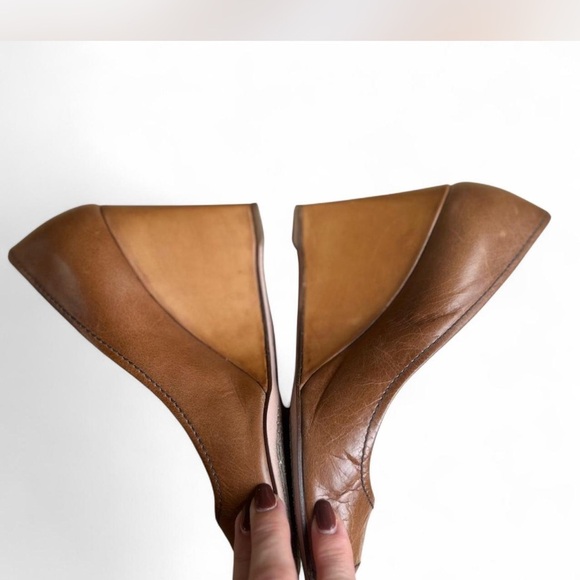 Pradal Leather Camel Tan Square Peep Toe Wedges Size 37 or US 7 - Picture 7 of 10
